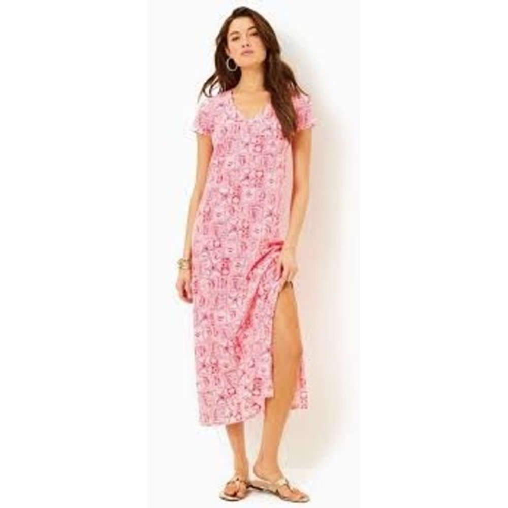 Lilly Pulitzer Etta Maxi Dress Women Size L Pink Pima Cotton Shell Me Maybe